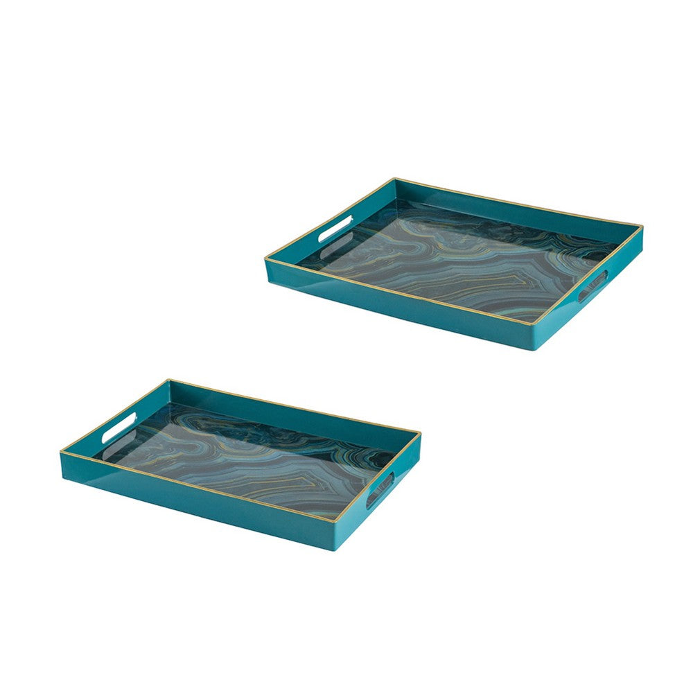 Fara Rectangular Tray Set of 2 | Marble Design | Cutout Handle Blue Plastic