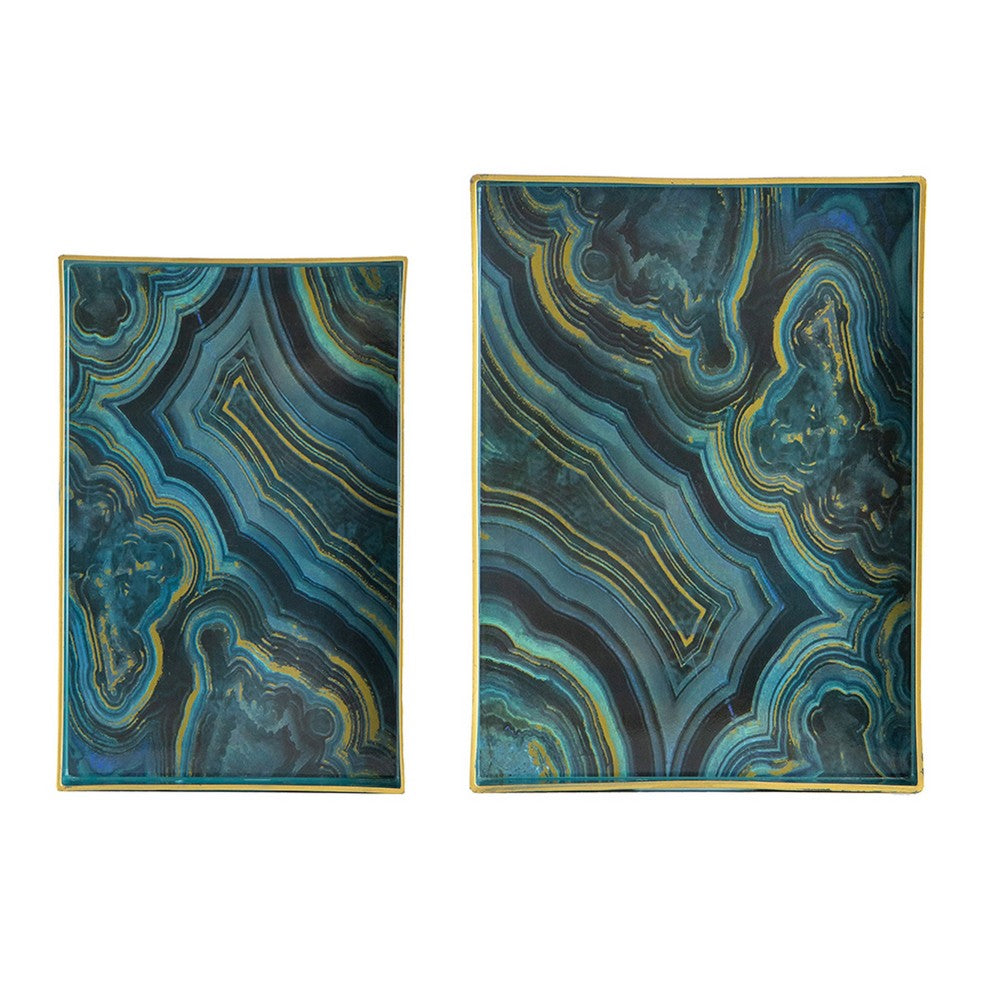 Fara Rectangular Tray Set of 2 | Marble Design | Cutout Handle Blue Plastic