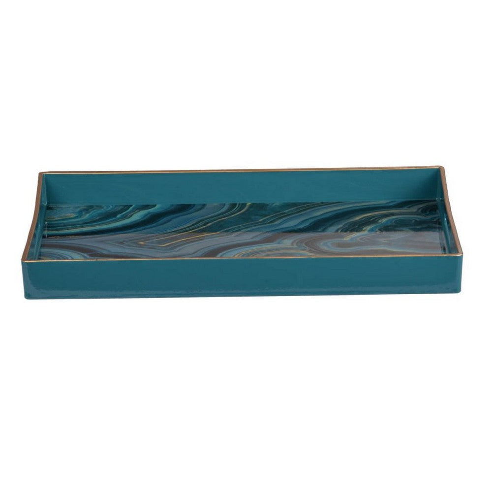 Fara Rectangular Tray Set of 2 | Marble Design | Cutout Handle Blue Plastic