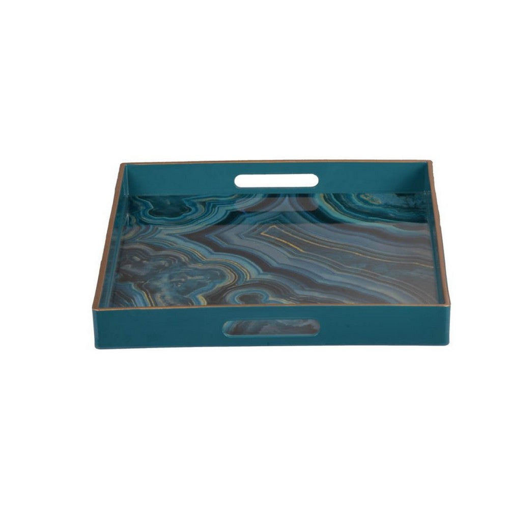 Fara Rectangular Tray Set of 2 | Marble Design | Cutout Handle Blue Plastic