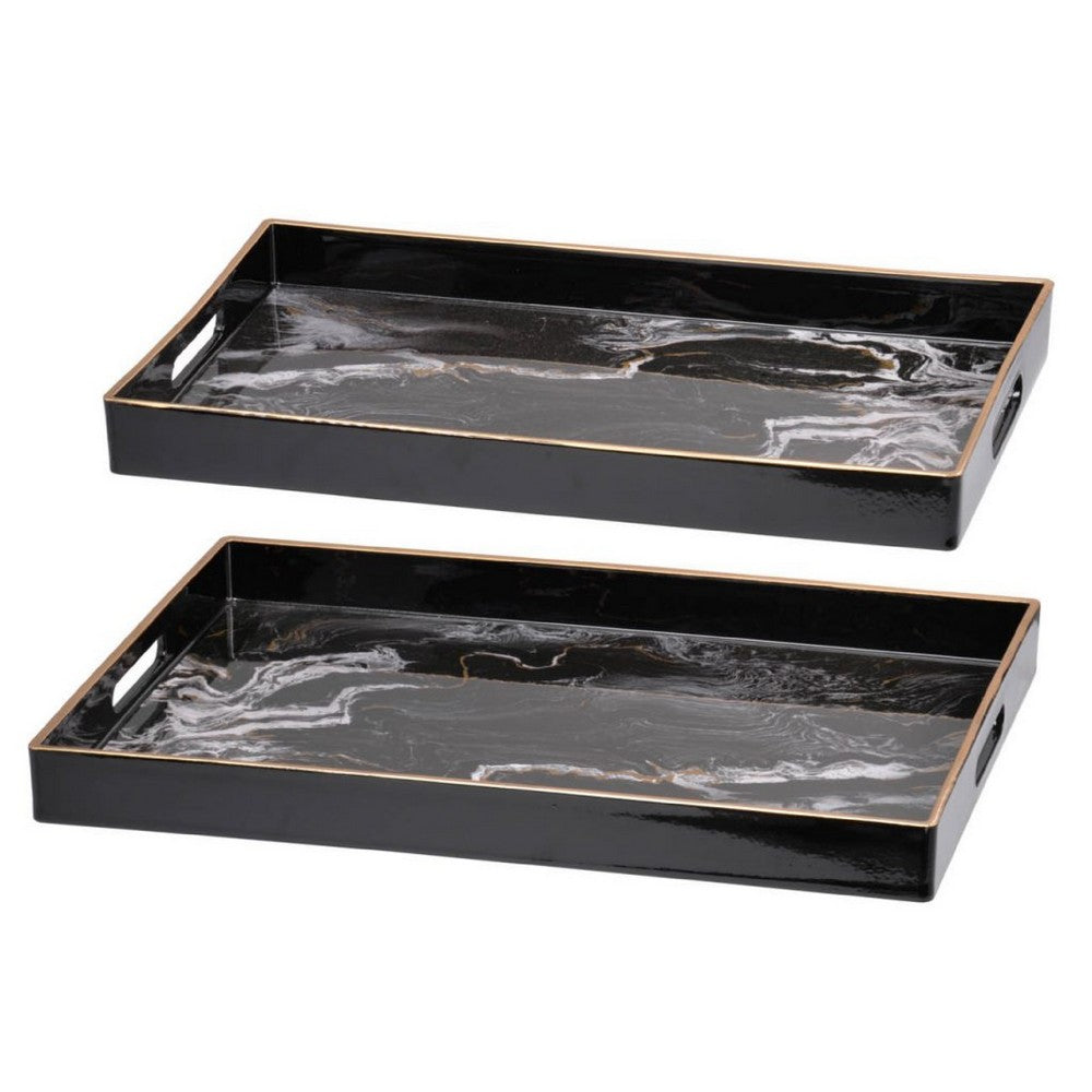 Fara Rectangular Tray Set of 2 | Marble Design | Cutout Handle Black Plastic