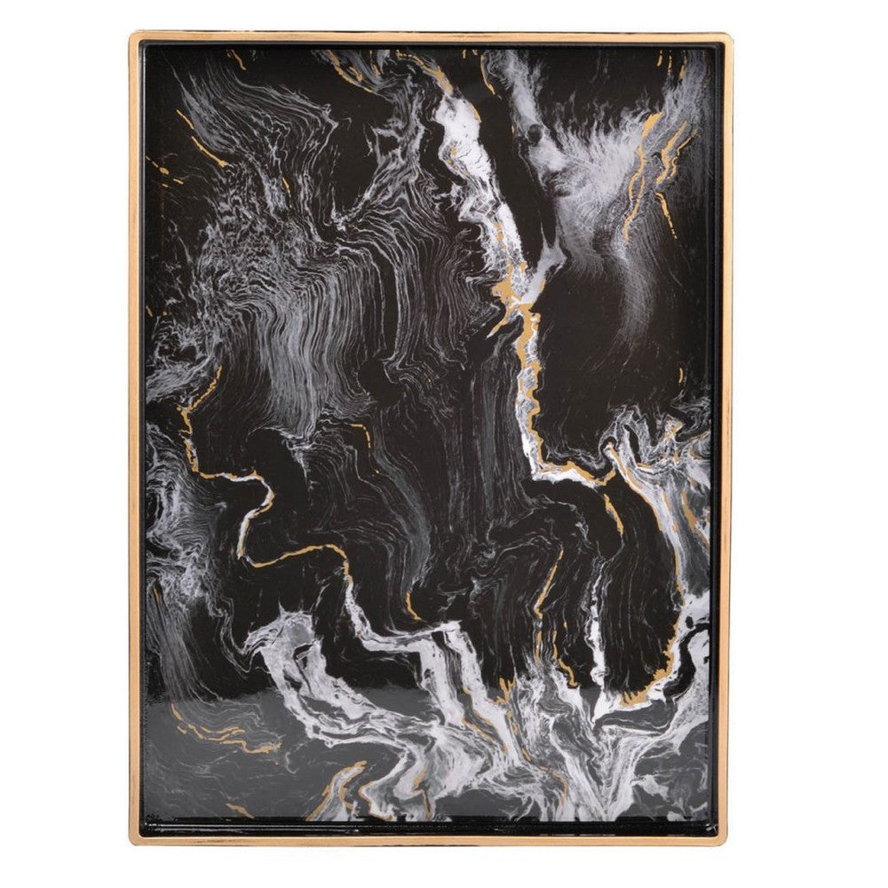 Fara Rectangular Tray Set of 2 | Marble Design | Cutout Handle Black Plastic