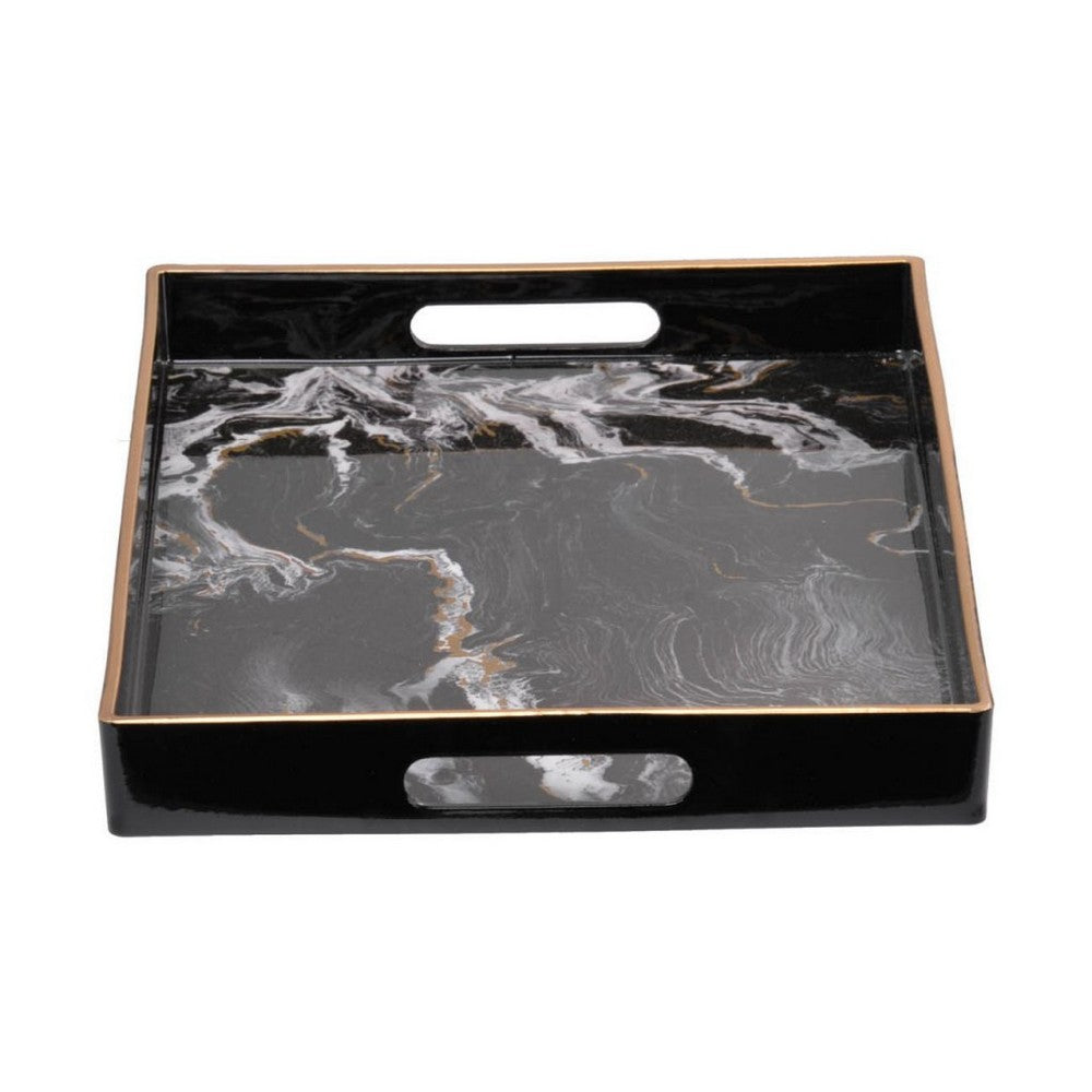 Fara Rectangular Tray Set of 2 | Marble Design | Cutout Handle Black Plastic