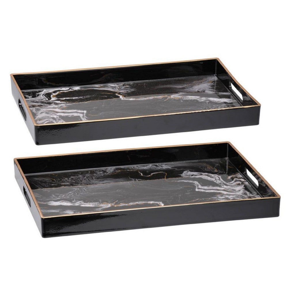 Fara Rectangular Tray Set of 2 | Marble Design | Cutout Handle Black Plastic