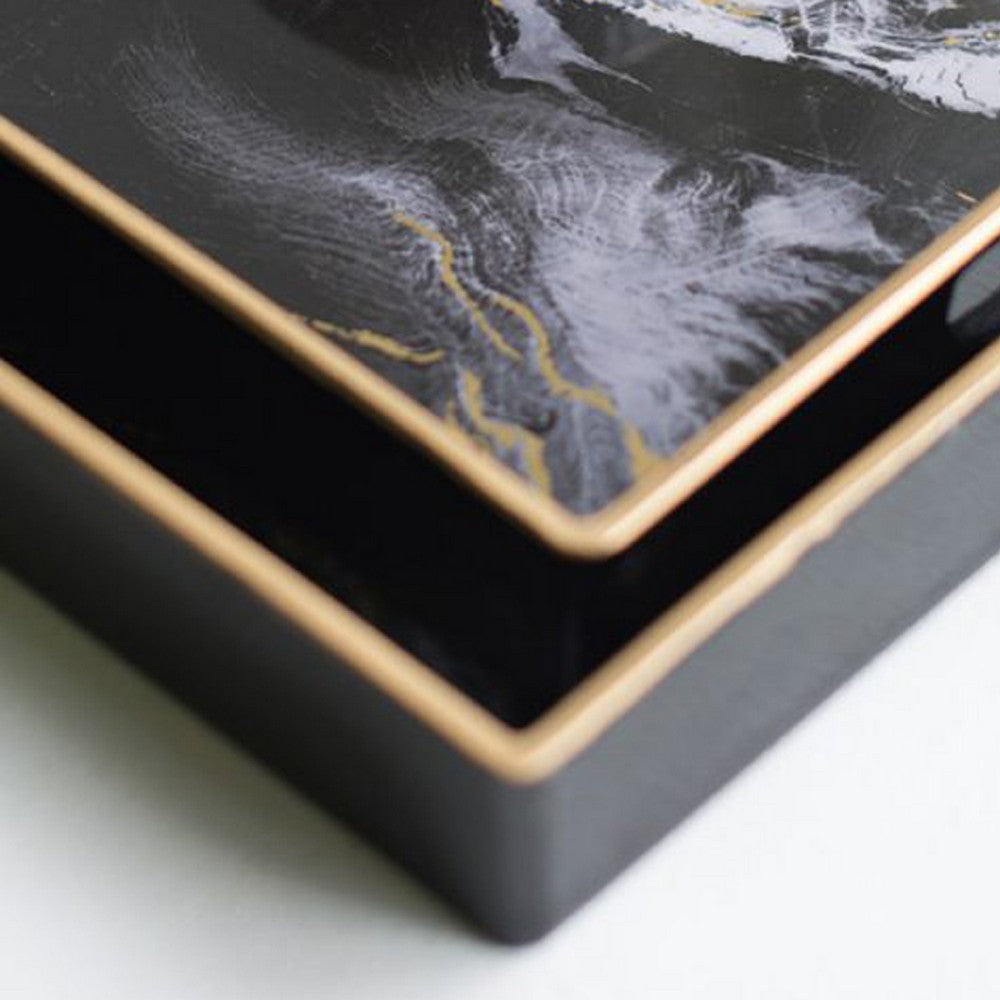 Fara Rectangular Tray Set of 2 | Marble Design | Cutout Handle Black Plastic