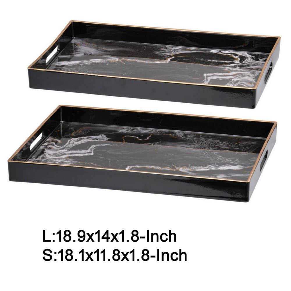 Fara Rectangular Tray Set of 2 | Marble Design | Cutout Handle Black Plastic