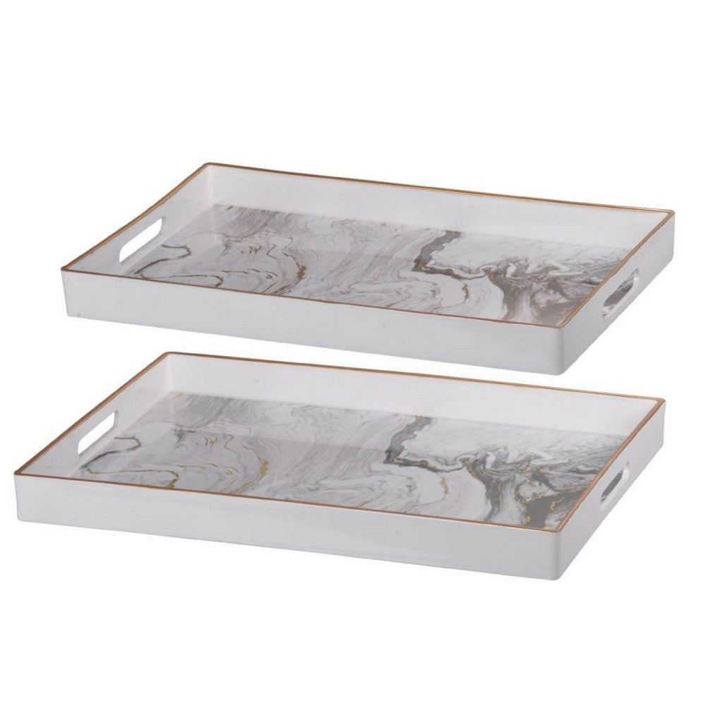 Fara Rectangular Tray Set of 2 | Marble Design | Cutout Handle White Plastic