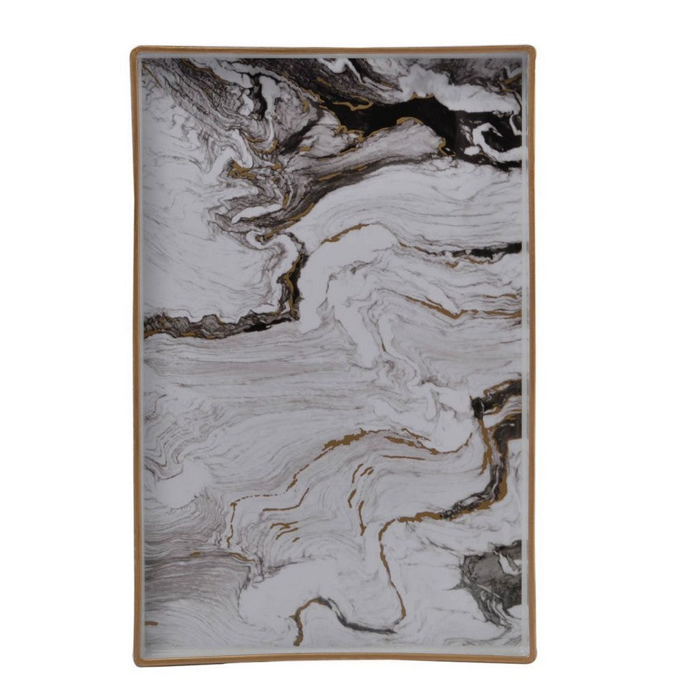 Fara Rectangular Tray Set of 2 | Marble Design | Cutout Handle White Plastic
