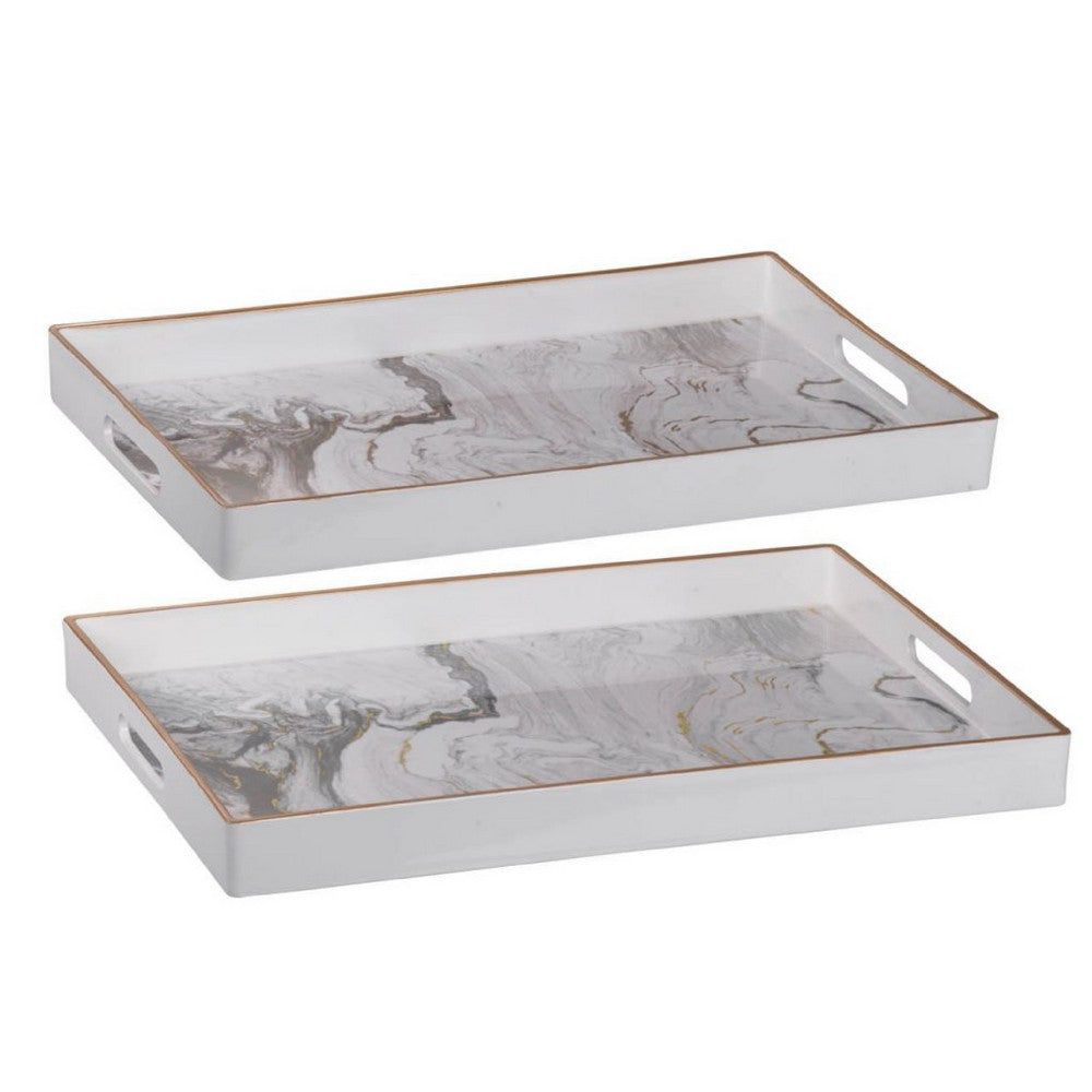 Fara Rectangular Tray Set of 2 | Marble Design | Cutout Handle White Plastic