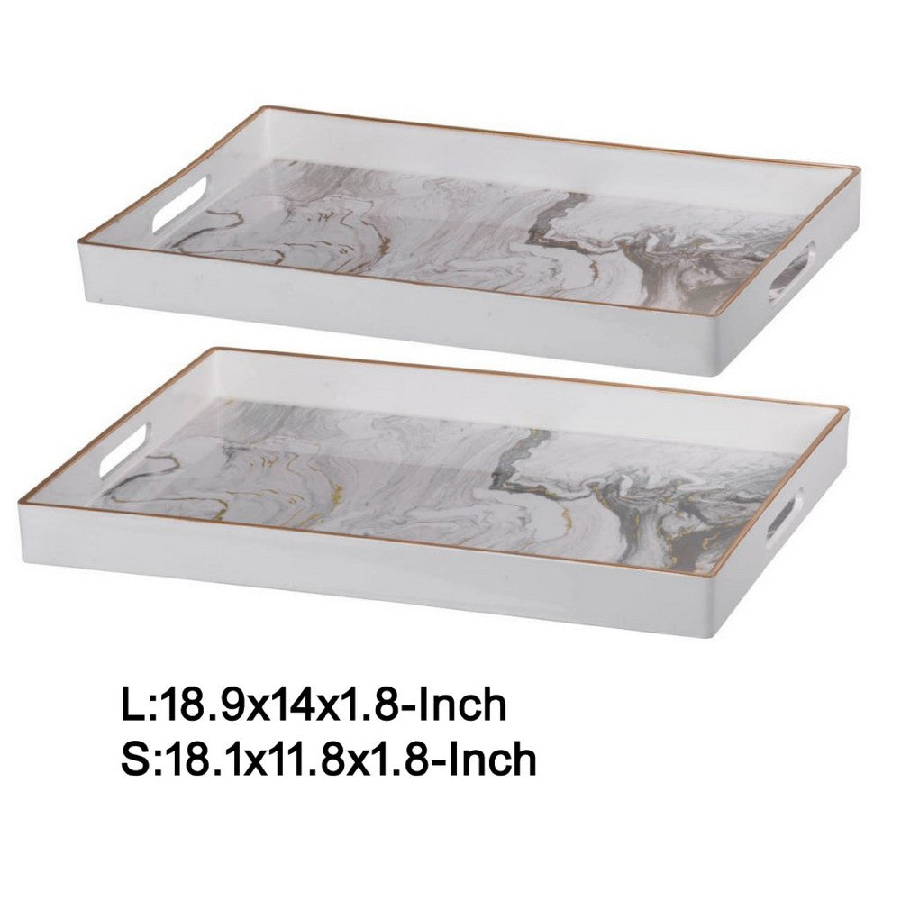 Fara Rectangular Tray Set of 2 | Marble Design | Cutout Handle White Plastic