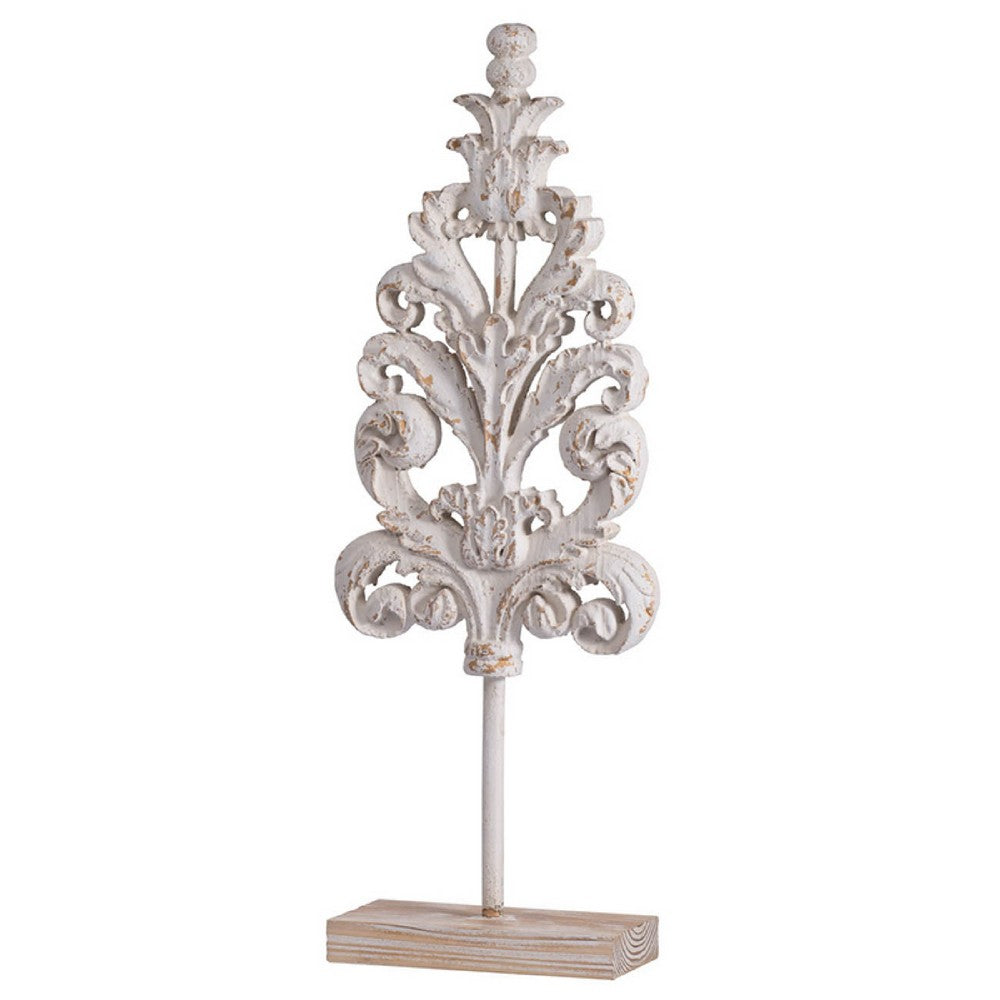 Awan Tabletop Decor | Leaf Scrollwork on Stand | White, Brown Wood, 26 Inch