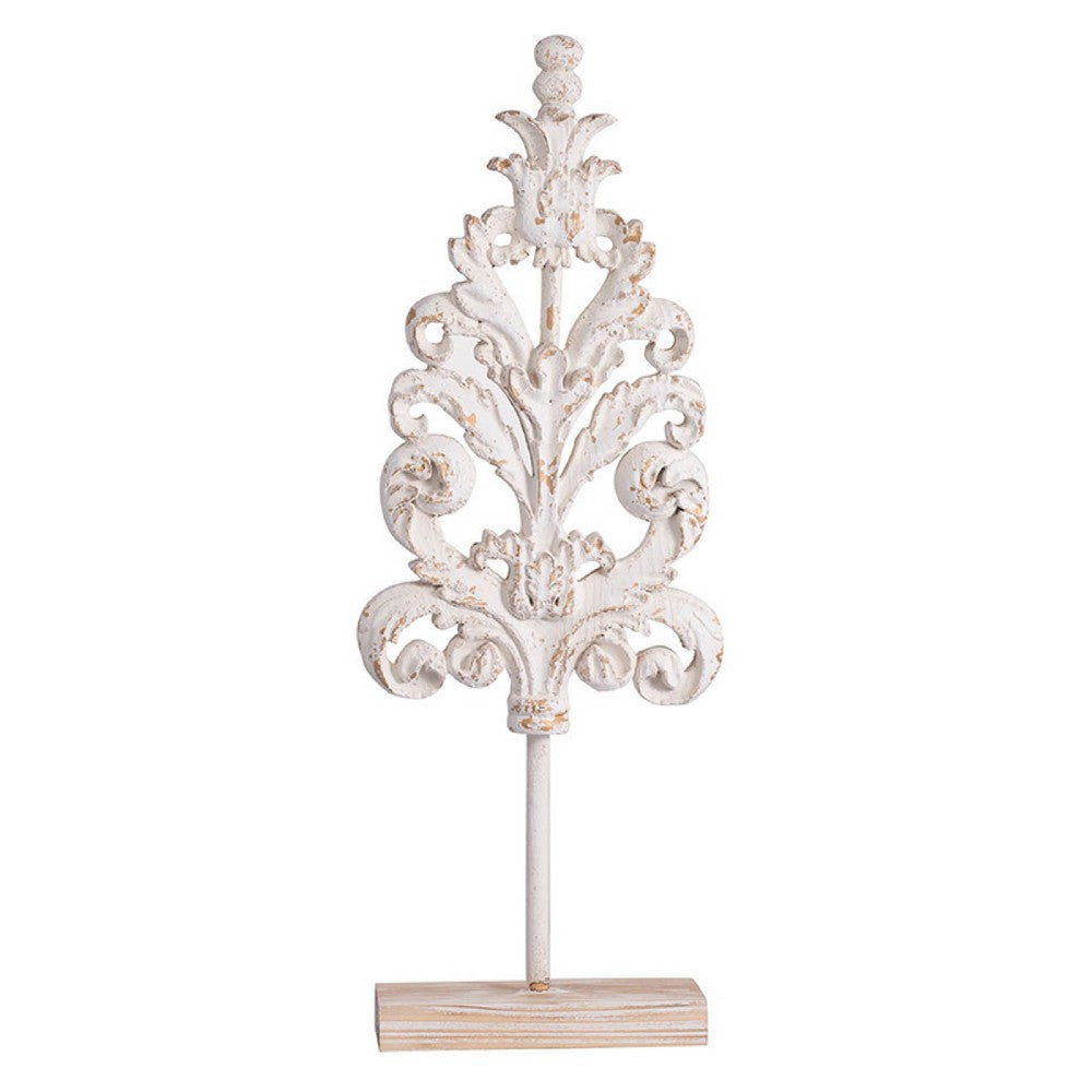 Awan Tabletop Decor | Leaf Scrollwork on Stand | White, Brown Wood, 26 Inch