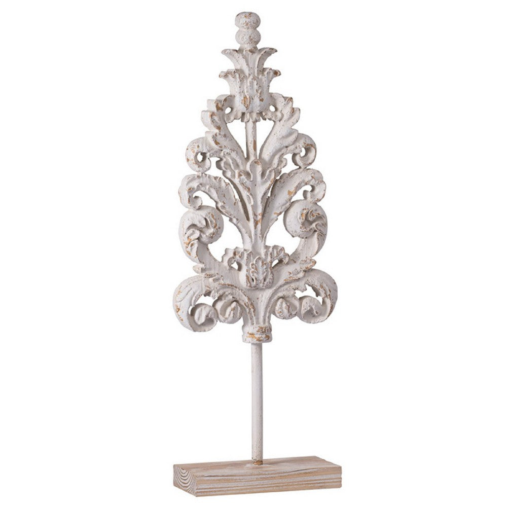 Awan Tabletop Decor | Leaf Scrollwork on Stand | White, Brown Wood, 26 Inch