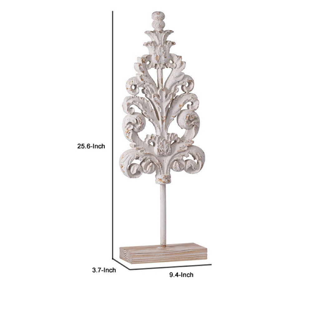 Awan Tabletop Decor | Leaf Scrollwork on Stand | White, Brown Wood, 26 Inch