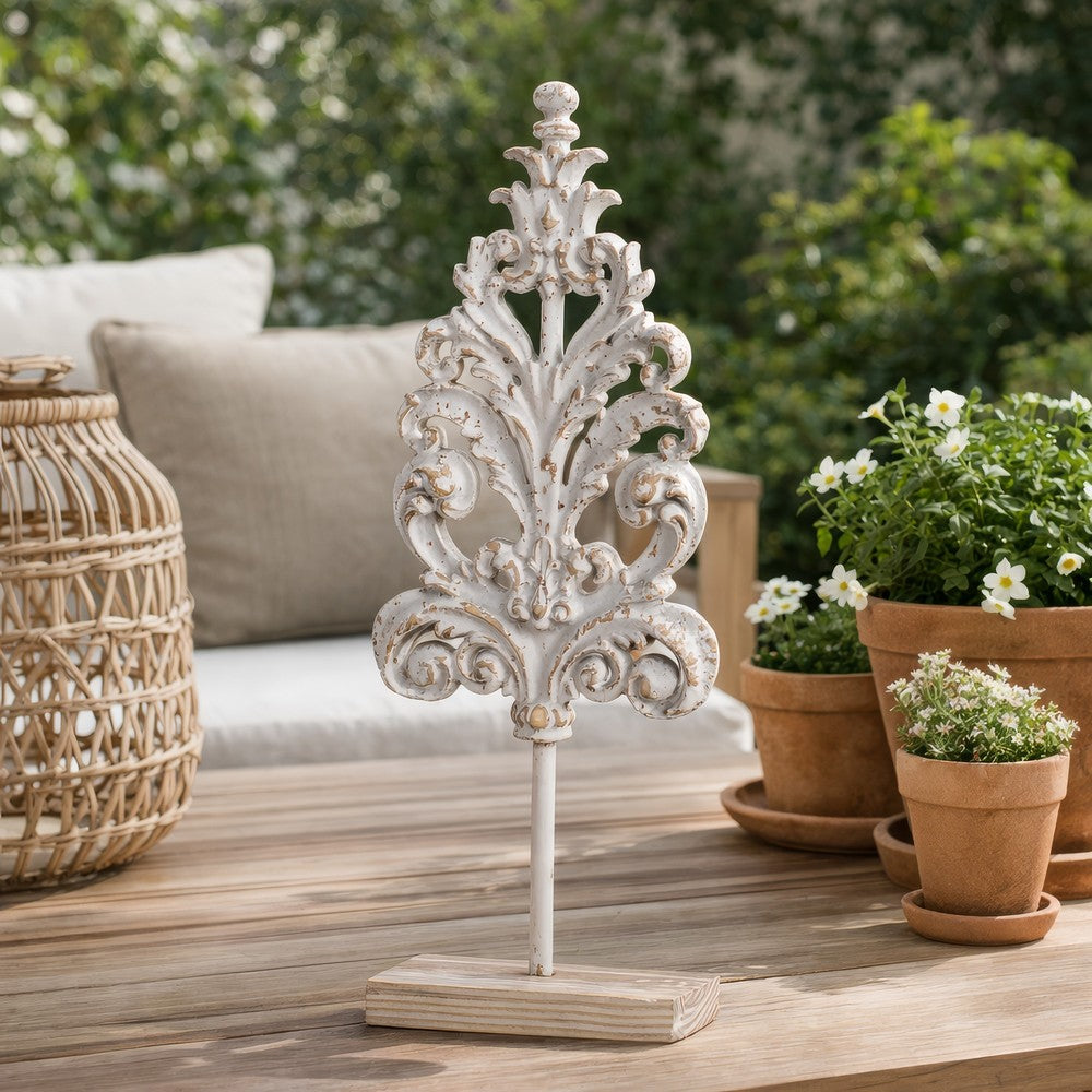 Awan Tabletop Decor | Leaf Scrollwork on Stand | White, Brown Wood, 26 Inch