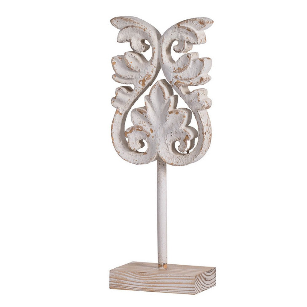 Awan Tabletop Decor | Fleur Scrollwork w Base Stand | White & Brown Wood 17"