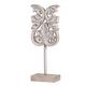 Awan Tabletop Decor | Fleur Scrollwork w Base Stand | White & Brown Wood 17"