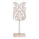 Awan Tabletop Decor | Fleur Scrollwork w Base Stand | White & Brown Wood 17"