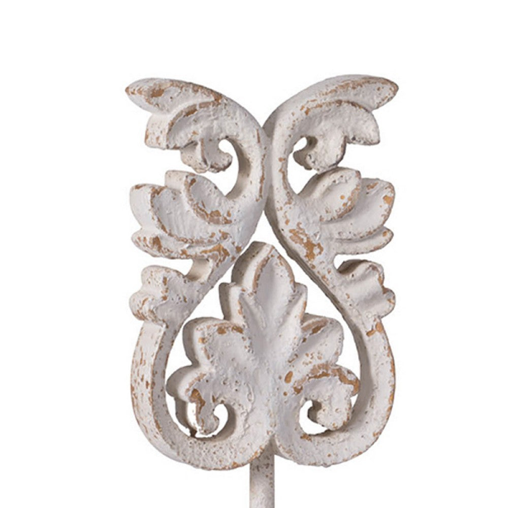 Awan Tabletop Decor | Fleur Scrollwork w Base Stand | White & Brown Wood 17"