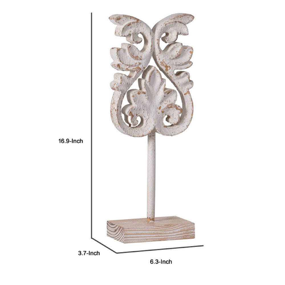 Awan Tabletop Decor | Fleur Scrollwork w Base Stand | White & Brown Wood 17"