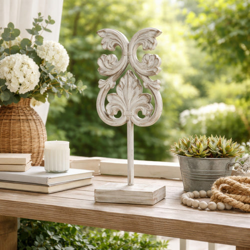 Awan Tabletop Decor | Fleur Scrollwork w Base Stand | White & Brown Wood 17"