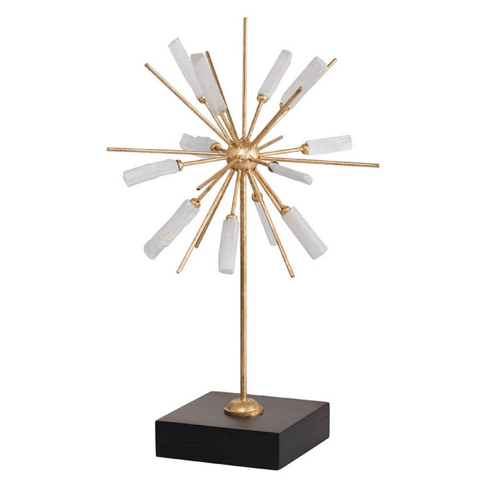 Starburst Sculpture on Black Stand Base | White Stones | Gold Metal Rods | 23"