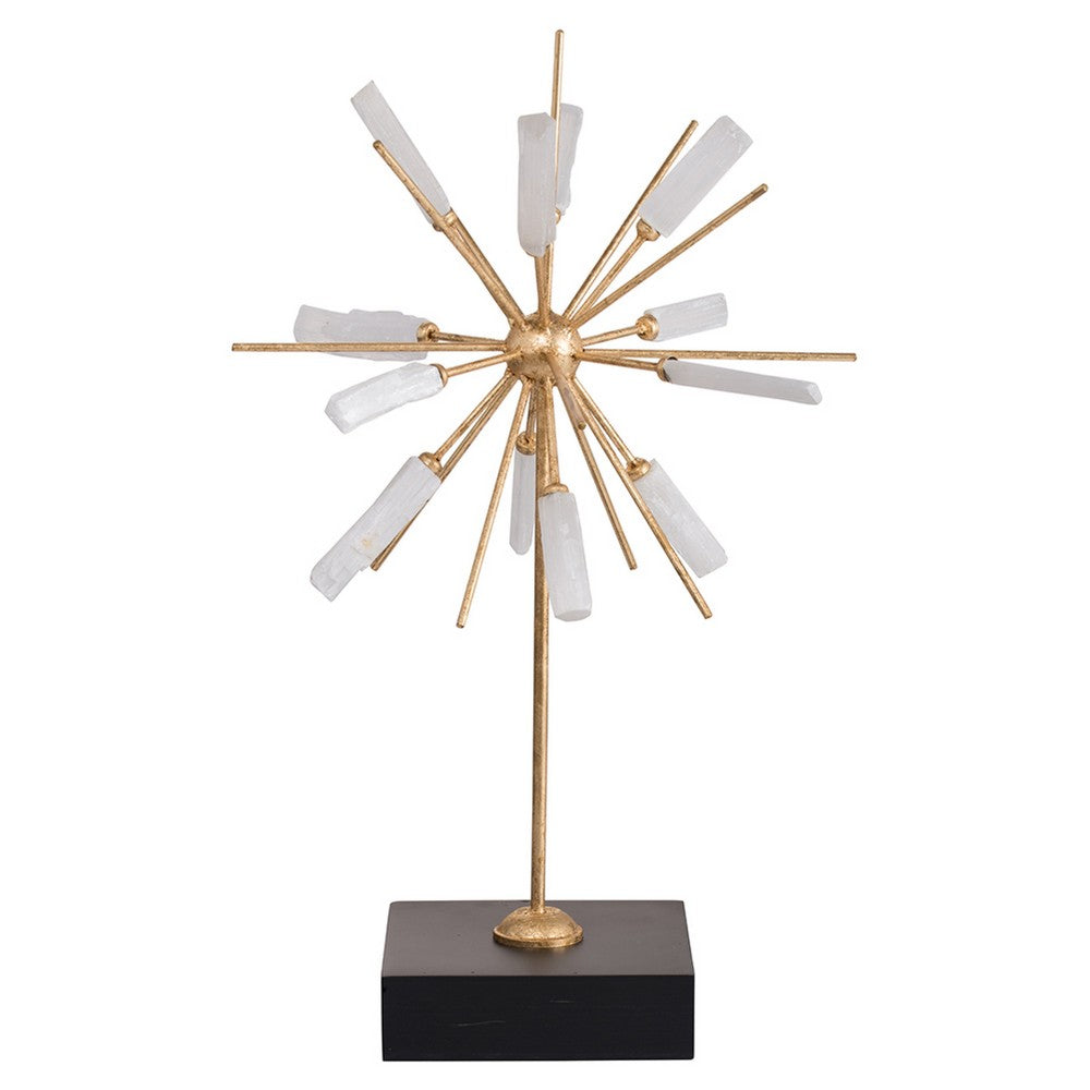 Starburst Sculpture on Black Stand Base | White Stones | Gold Metal Rods | 23"