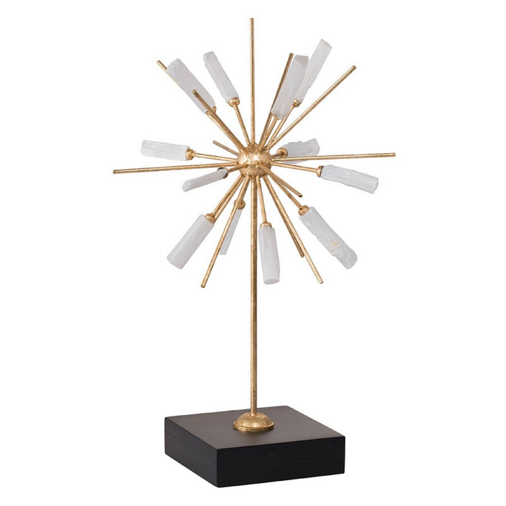 Starburst Sculpture on Black Stand Base | White Stones | Gold Metal Rods | 23"