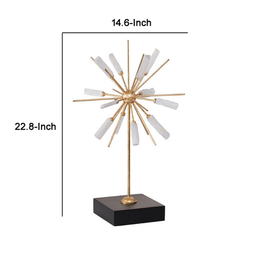 Starburst Sculpture on Black Stand Base | White Stones | Gold Metal Rods | 23"