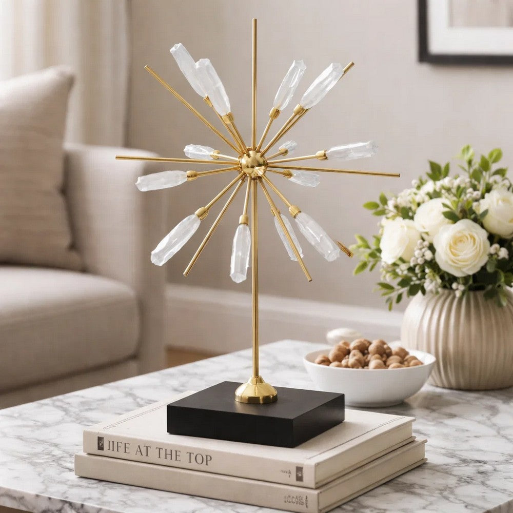 Starburst Sculpture on Black Stand Base | White Stones | Gold Metal Rods | 23"