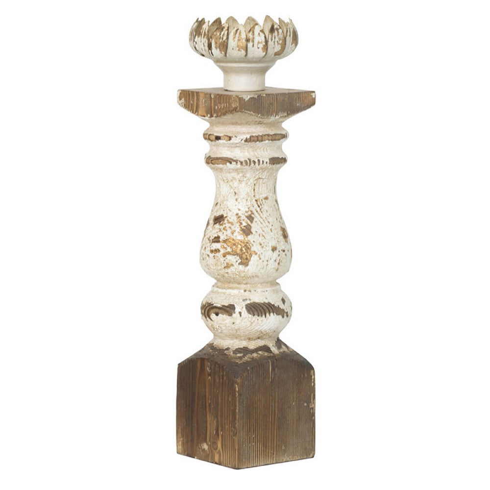 Candle Holder | Lotus Flower Style Top | Turned Body | White Wood 19"