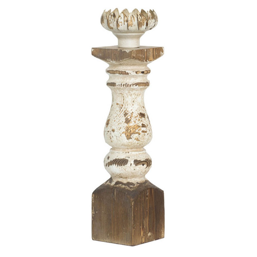 Candle Holder | Lotus Flower Style Top | Turned Body | White Wood 19"