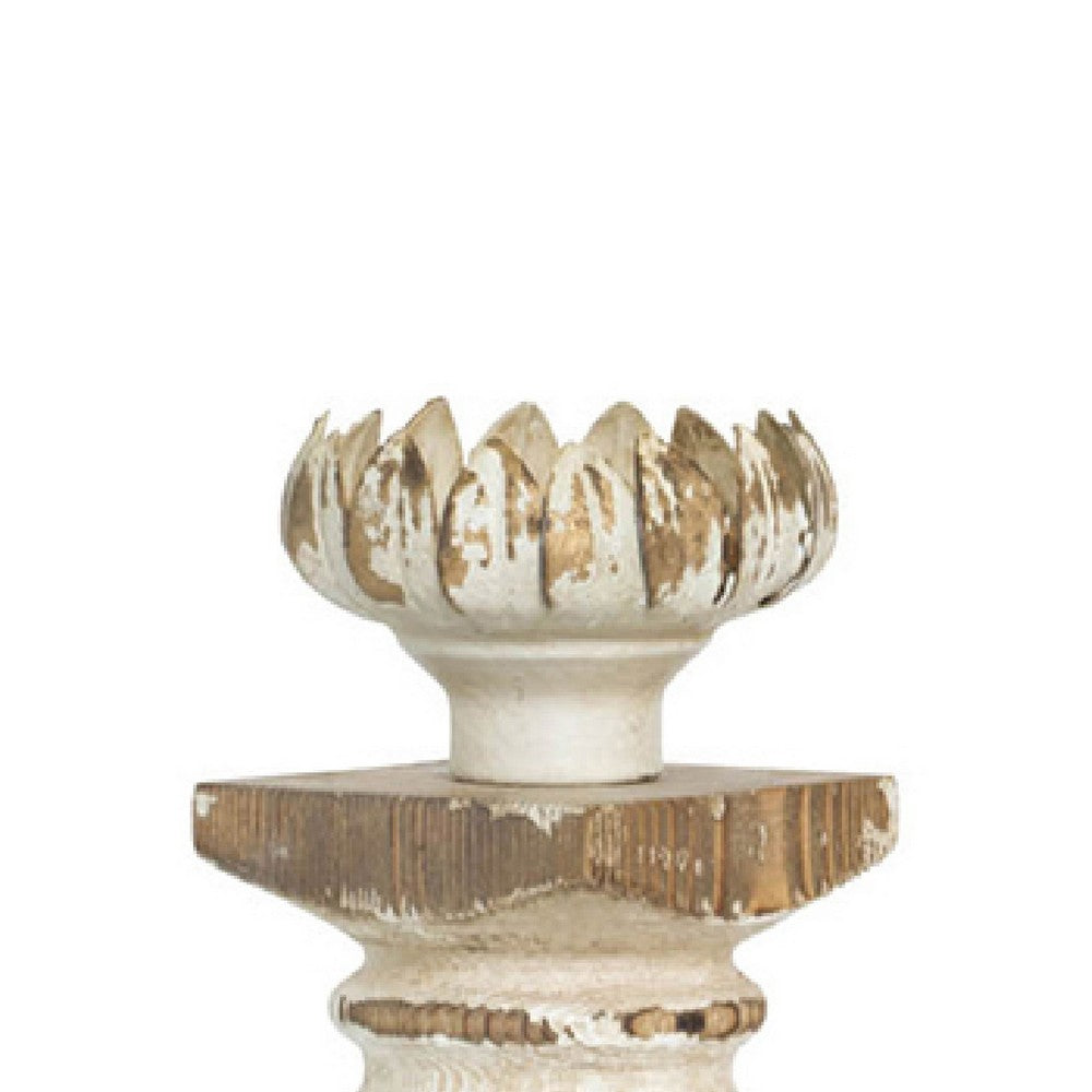 Candle Holder | Lotus Flower Style Top | Turned Body | White Wood 19"