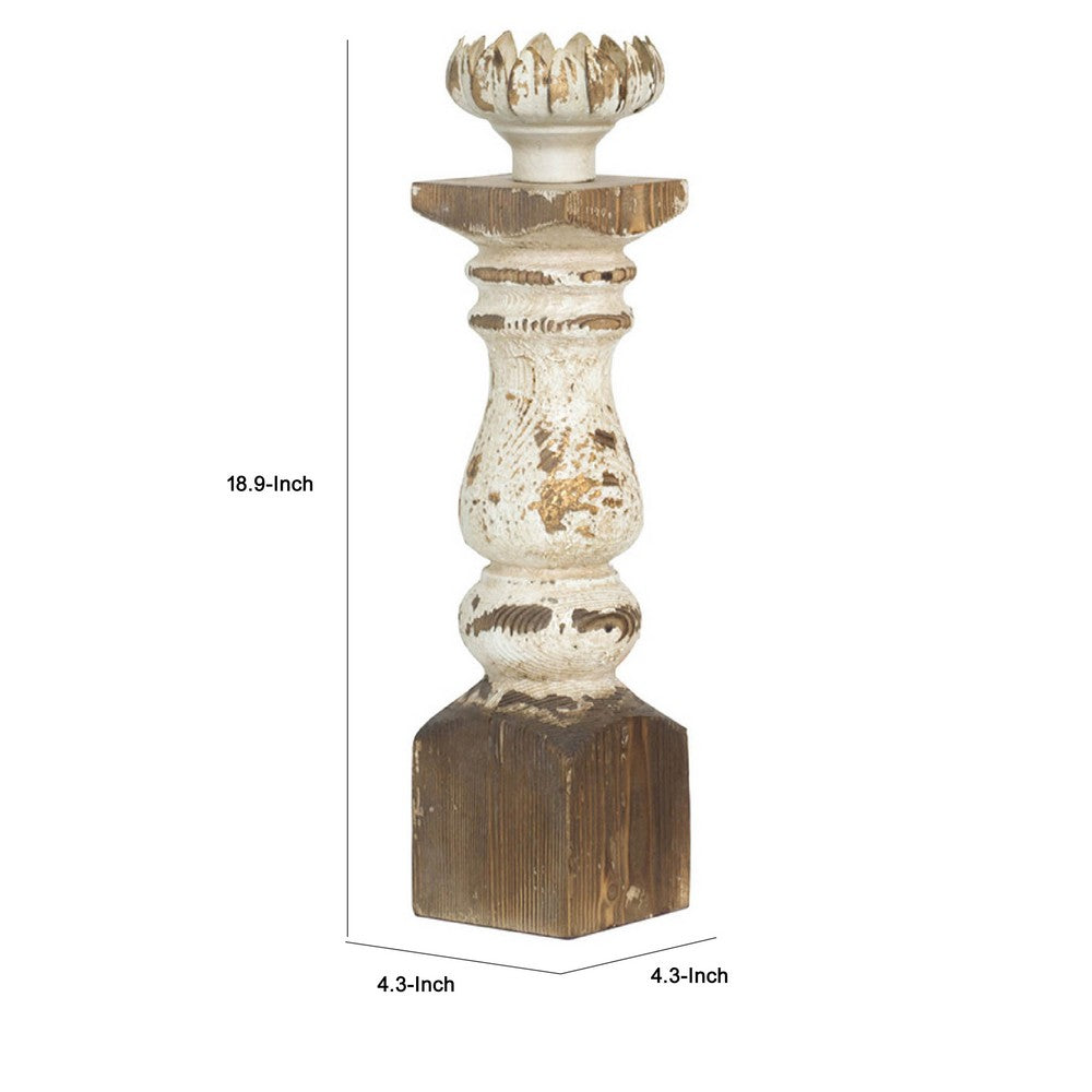 Candle Holder | Lotus Flower Style Top | Turned Body | White Wood 19"