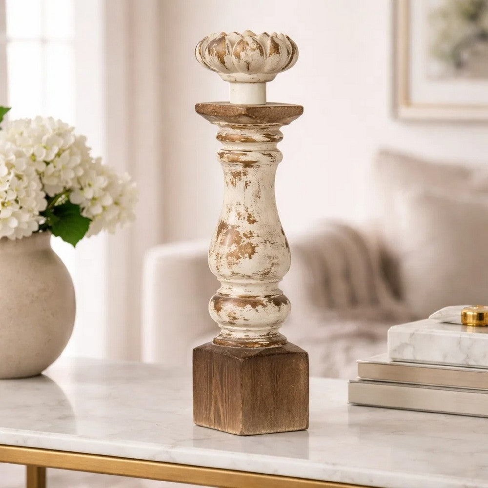 Candle Holder | Lotus Flower Style Top | Turned Body | White Wood 19"