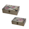 Storage Boxes Set of 2 | Floral Glass Top with Distressed Brown Wood