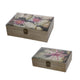 Storage Boxes Set of 2 | Floral Glass Top with Distressed Brown Wood