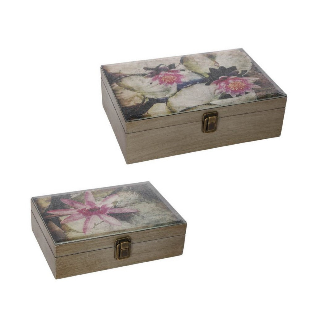 Storage Boxes Set of 2 | Floral Glass Top with Distressed Brown Wood