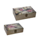 Storage Boxes Set of 2 | Floral Glass Top with Distressed Brown Wood