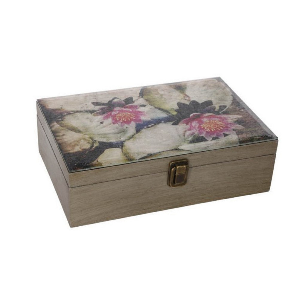 Storage Boxes Set of 2 | Floral Glass Top with Distressed Brown Wood