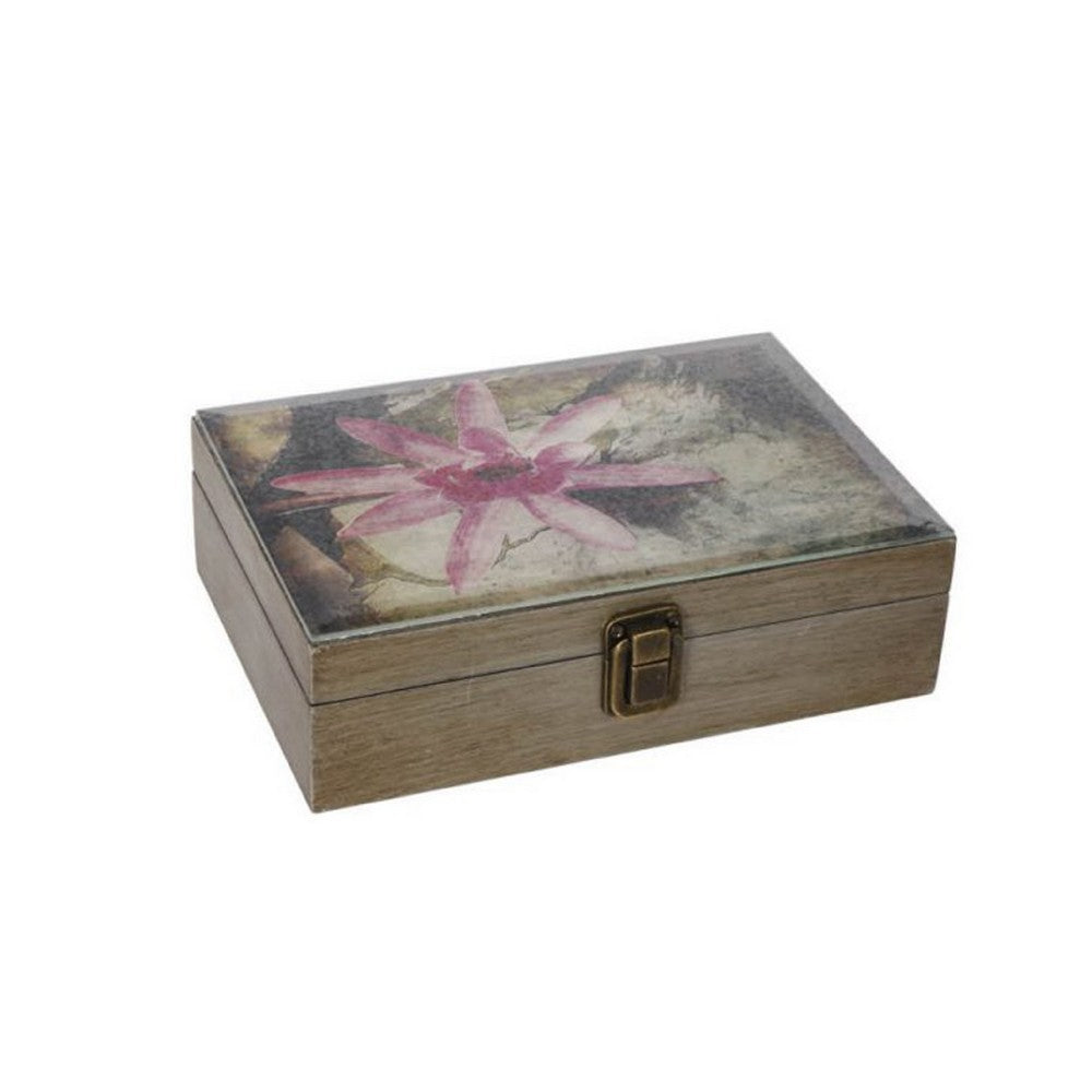 Storage Boxes Set of 2 | Floral Glass Top with Distressed Brown Wood