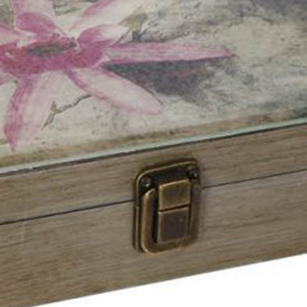 Storage Boxes Set of 2 | Floral Glass Top with Distressed Brown Wood