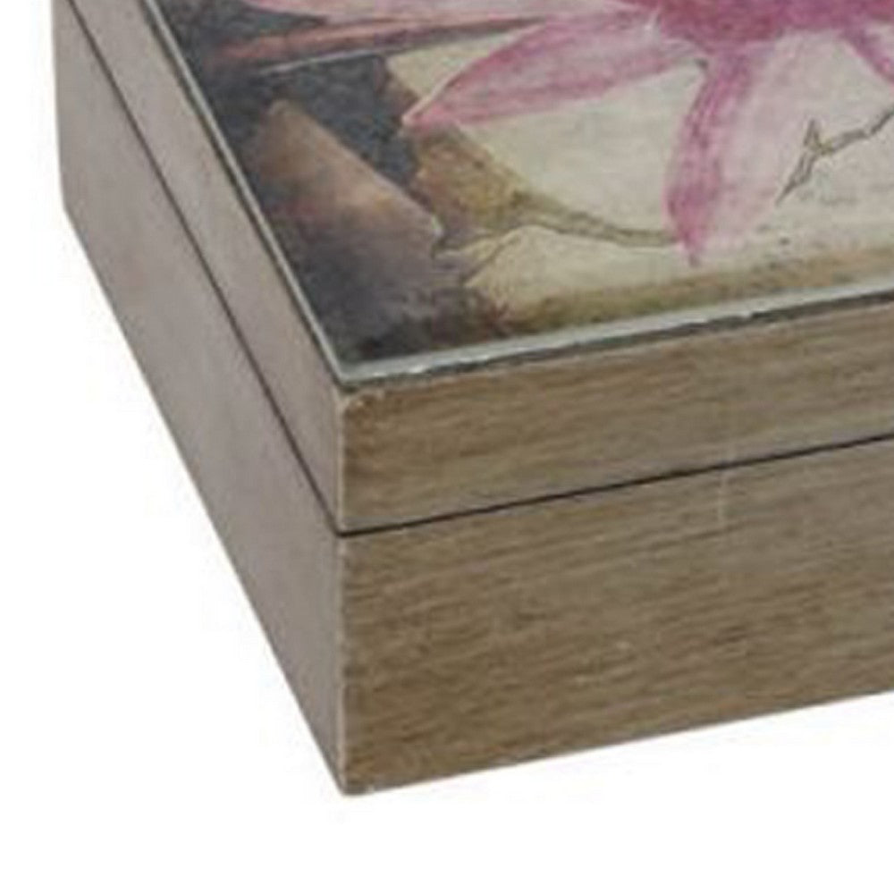 Storage Boxes Set of 2 | Floral Glass Top with Distressed Brown Wood