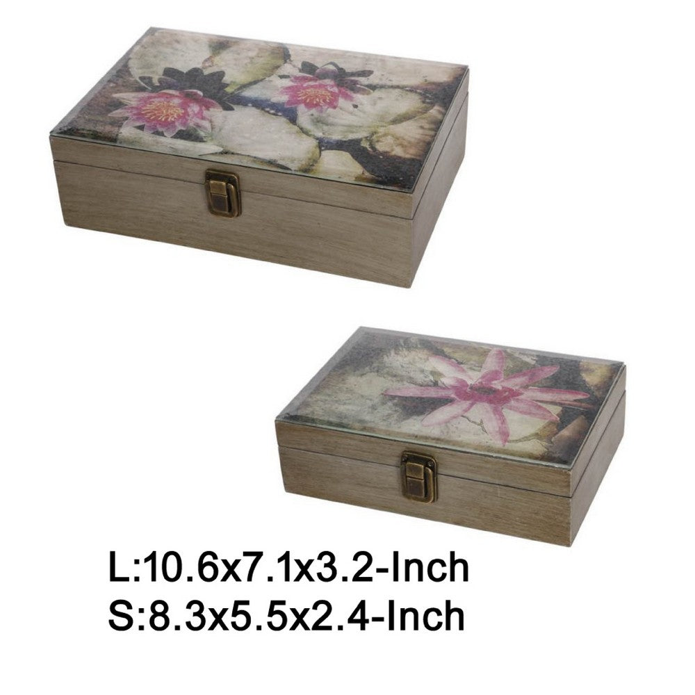 Storage Boxes Set of 2 | Floral Glass Top with Distressed Brown Wood