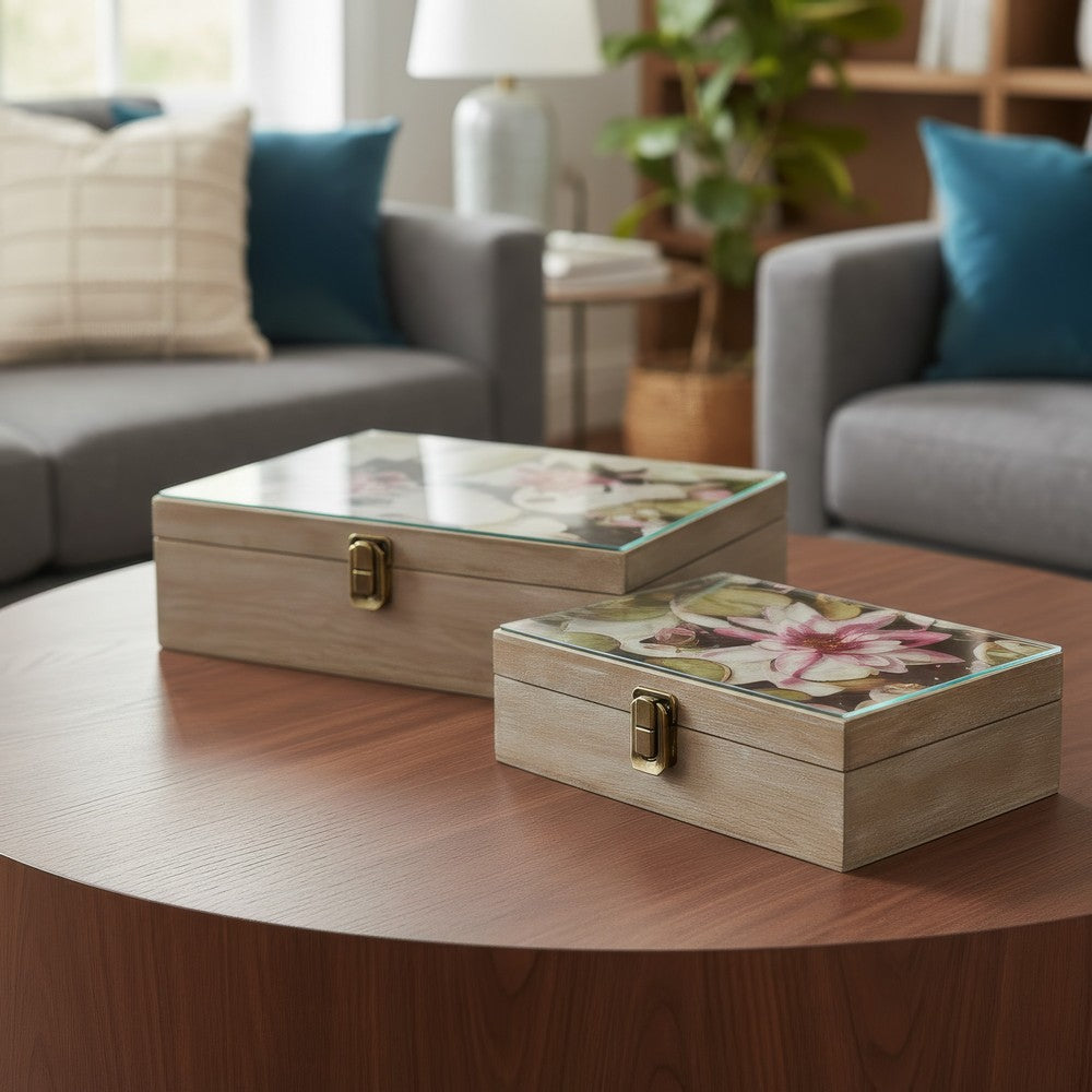 Storage Boxes Set of 2 | Floral Glass Top with Distressed Brown Wood