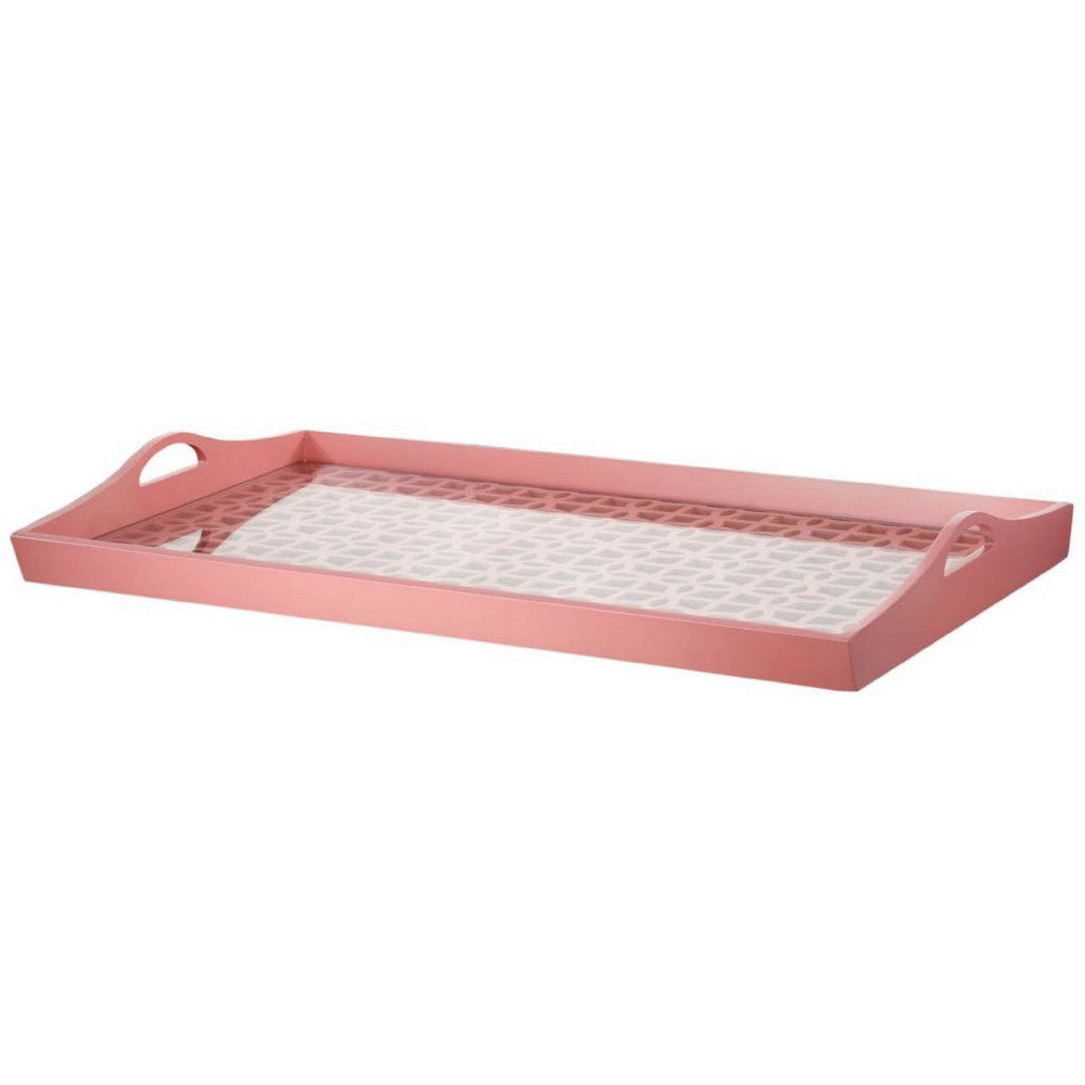 Decorative Serving Tray | Light Pink Handles | Patterned Glass | 28"