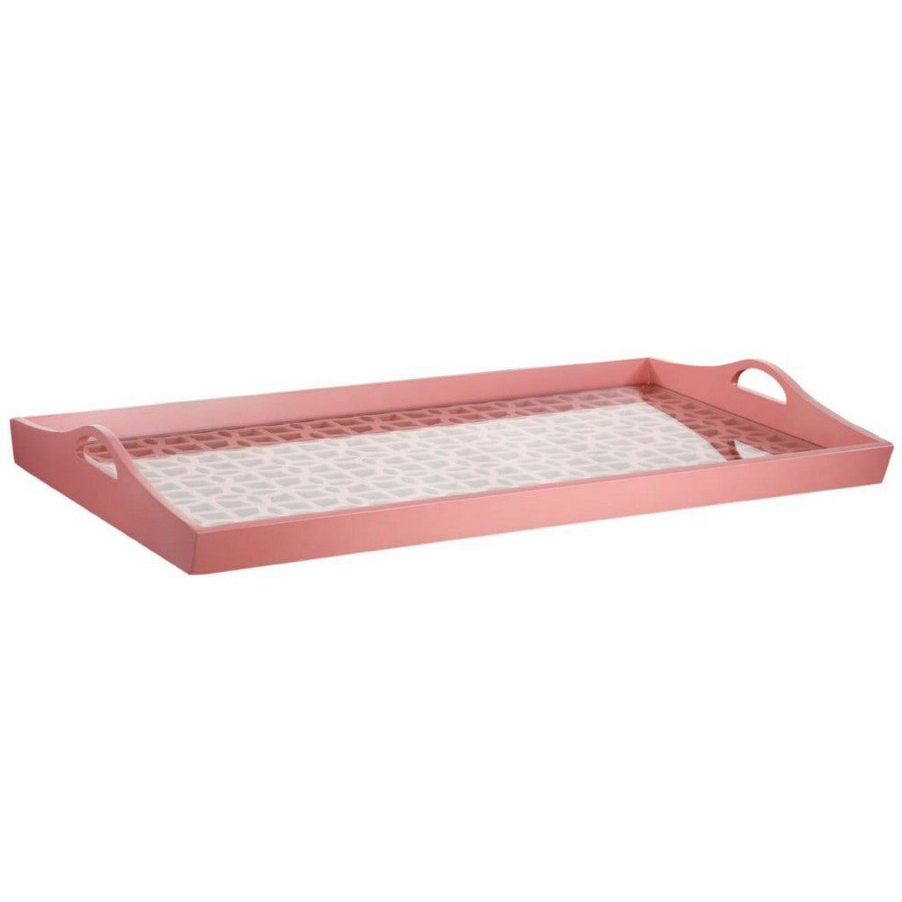 Decorative Serving Tray | Light Pink Handles | Patterned Glass | 28"
