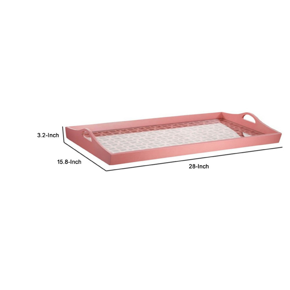 Decorative Serving Tray | Light Pink Handles | Patterned Glass | 28"