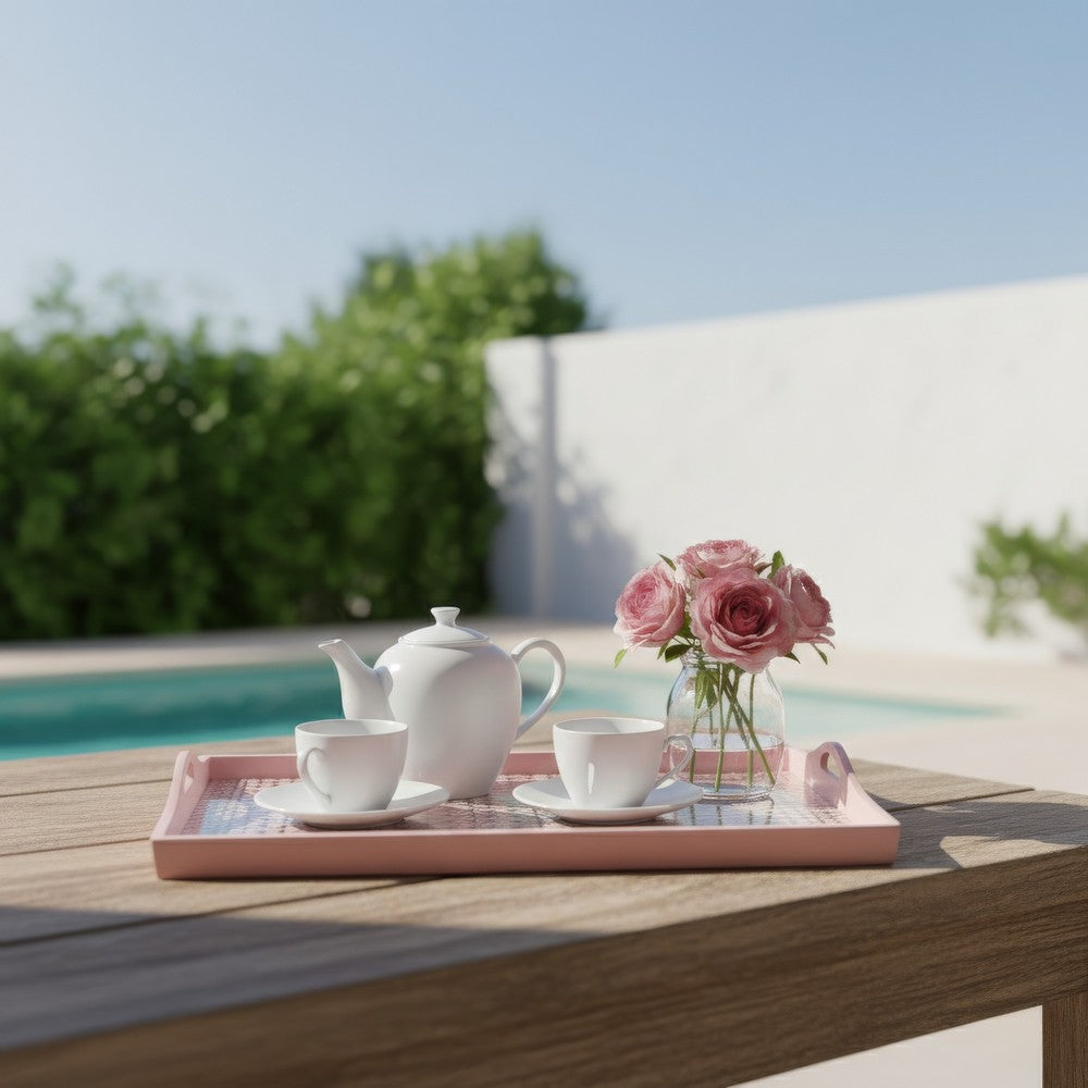 Decorative Serving Tray | Light Pink Handles | Patterned Glass | 28"