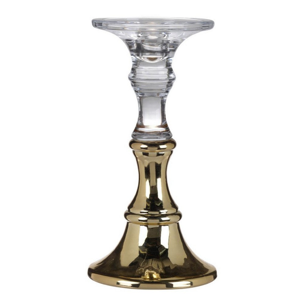 Decorative Candle Holder | 2 Tone Gold & Clear Glass | 9" Tall